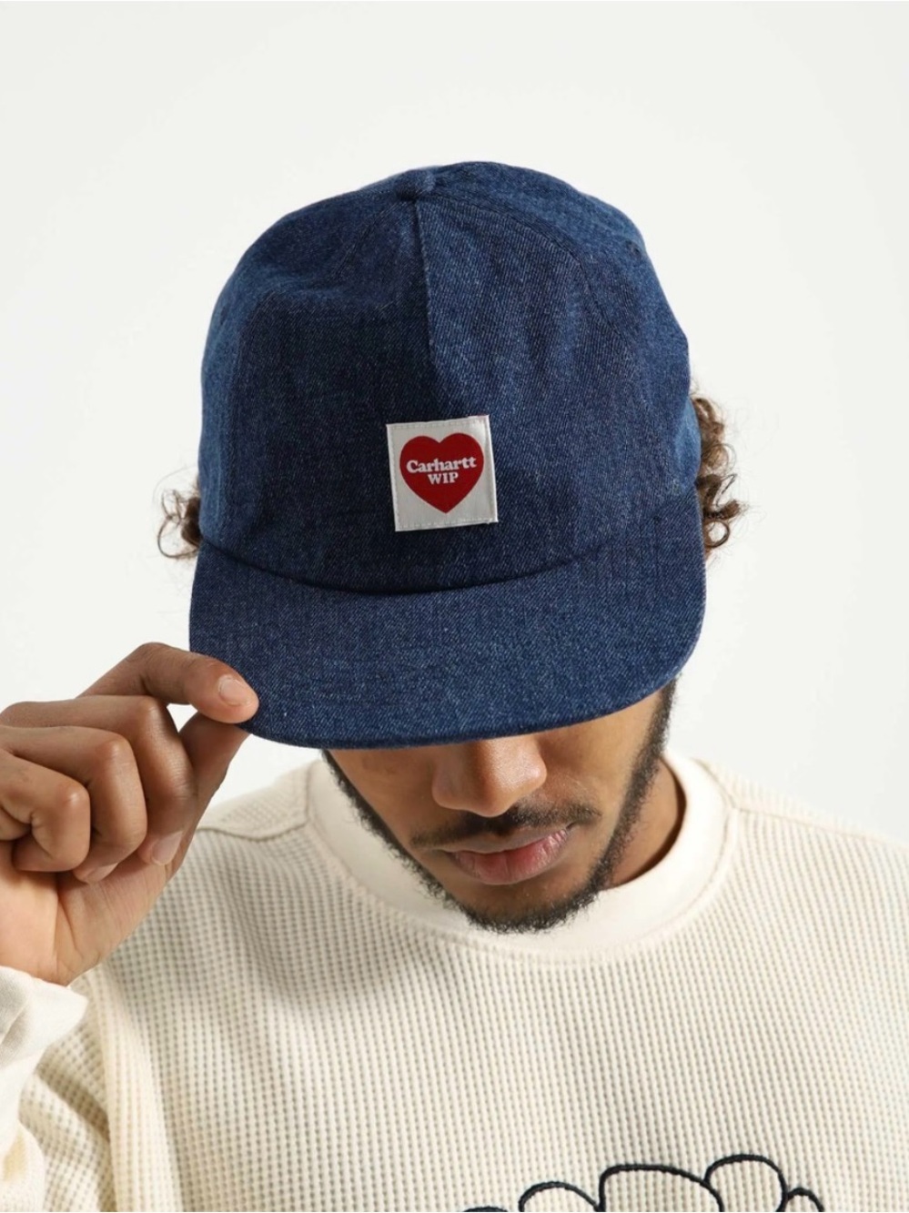 Carhartt WIP Dark Blue Denim Camp Cap with Red Heart Patch